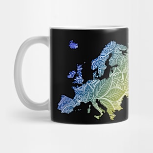 Colorful mandala art map of Europe with text in blue and yellow Mug